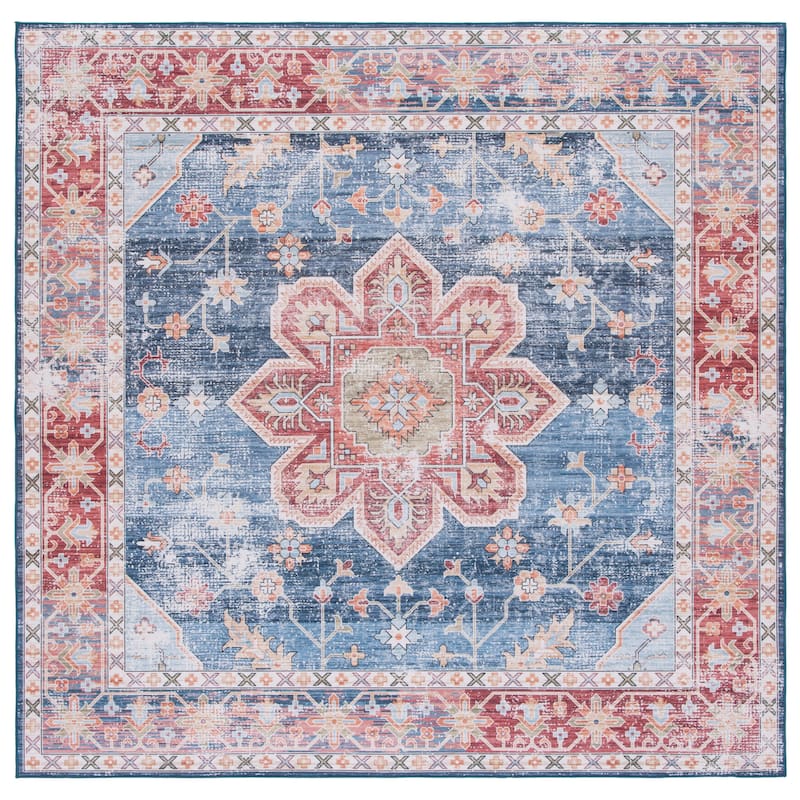 SAFAVIEH Tucson Machine Washable Slip Resistant Mallie Oriental Medallion - 4' Square - Blue/Rust - Square