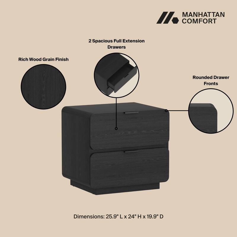 Modern Black 2-Drawer Nightstand with Full Extension Drawers