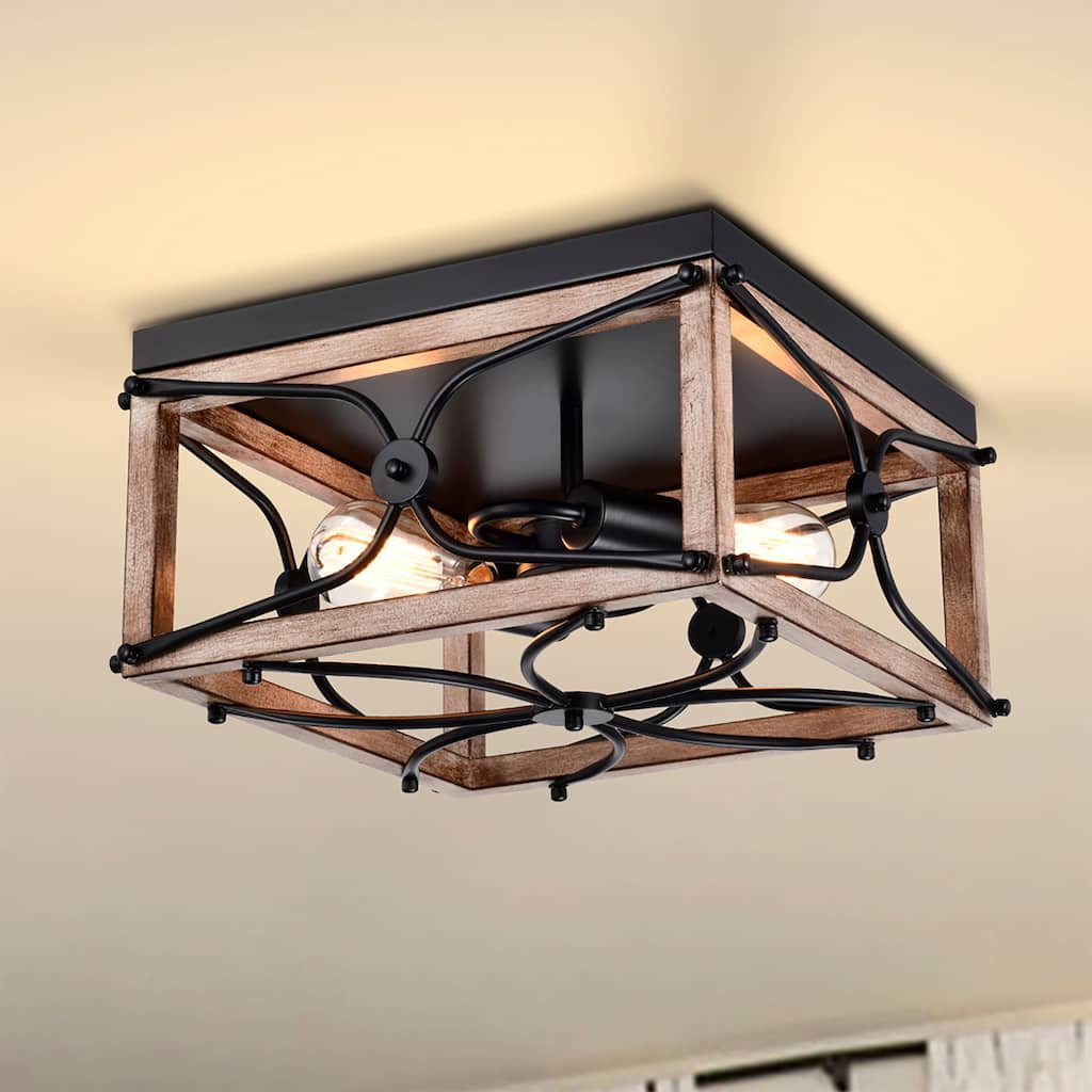 Warehouse of Tiffany Catona 12 Inch Farmhouse Style Imitation Wood Grain Matte Black Finish Flushmout Ceiling Lighted 2-Light