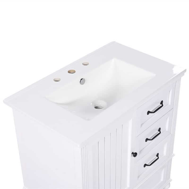 30" Bathroom Vanity with Ceramic Sink Top, Modern Bathroom Storage Cabinet with 1 Door, 3 Drawers and Solid Wood Legs