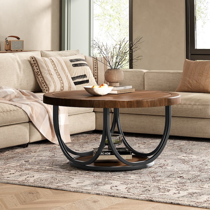 2-Tier Round Coffee Tables for Living Room, 31.5" Wooden Circle Accent Cocktail Table with Shelf - 35.4"L x 35.4"W x 17.3"H