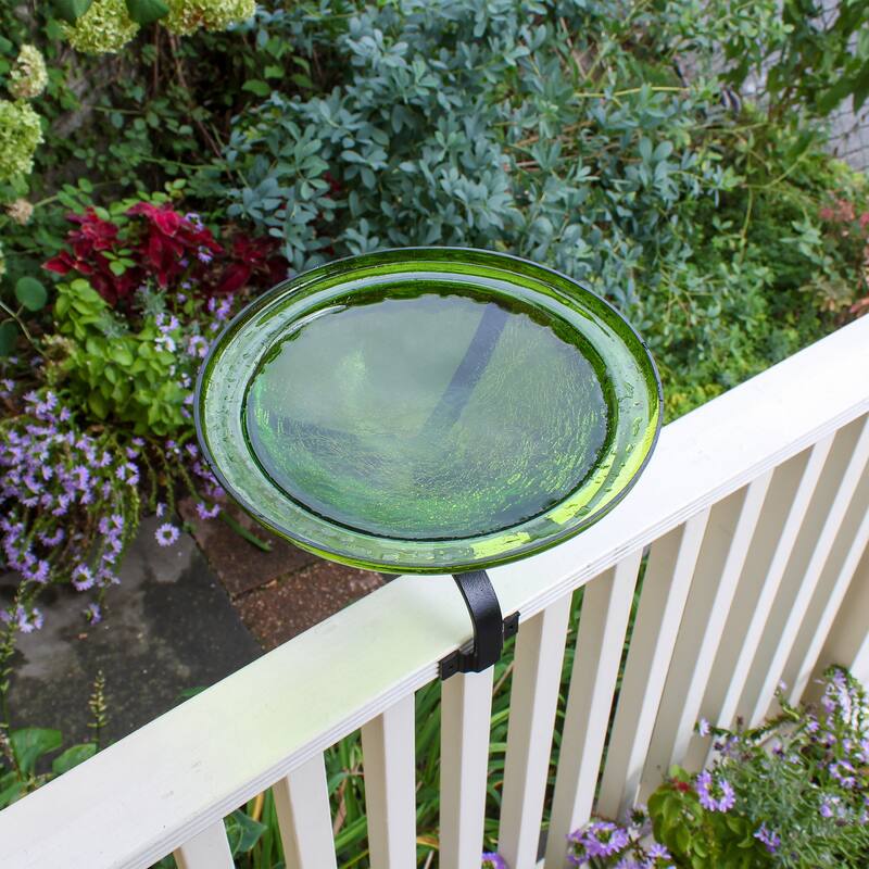 Achla Designs 12.5"Dia. Round Crackle Glass Birdbath w/Black Wrought Iron Over Rail Bracket