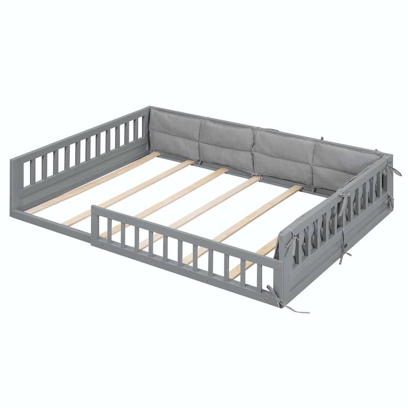 Wood Full Size Upholstered Platform Bed with Guardrail and Pillow