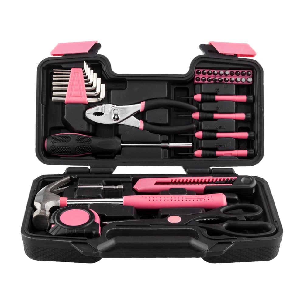 WORKPRO Pink Beginner Tool Set with 12 Inch Steel Tool Box with Wheel