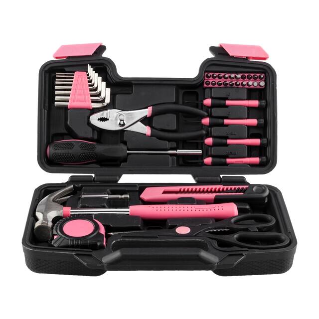 39 Piece Home Hand Tool Set for General Household DIY Home Repair - Pink