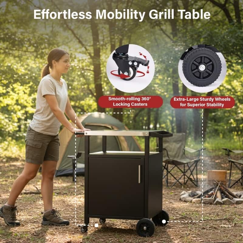 4-Wheel Black BBQ Cart With Stainless Steel Top, Single-Door Cabinet Grill Station - N/A