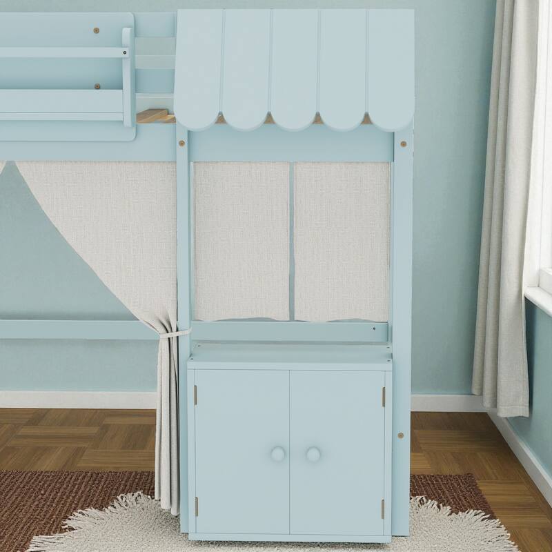 Twin/Full Loft Bed with Bookshelf, Curtain Playhouse, Storage Shelf, Cottage Roof Design and Safety Guardrails for Kids