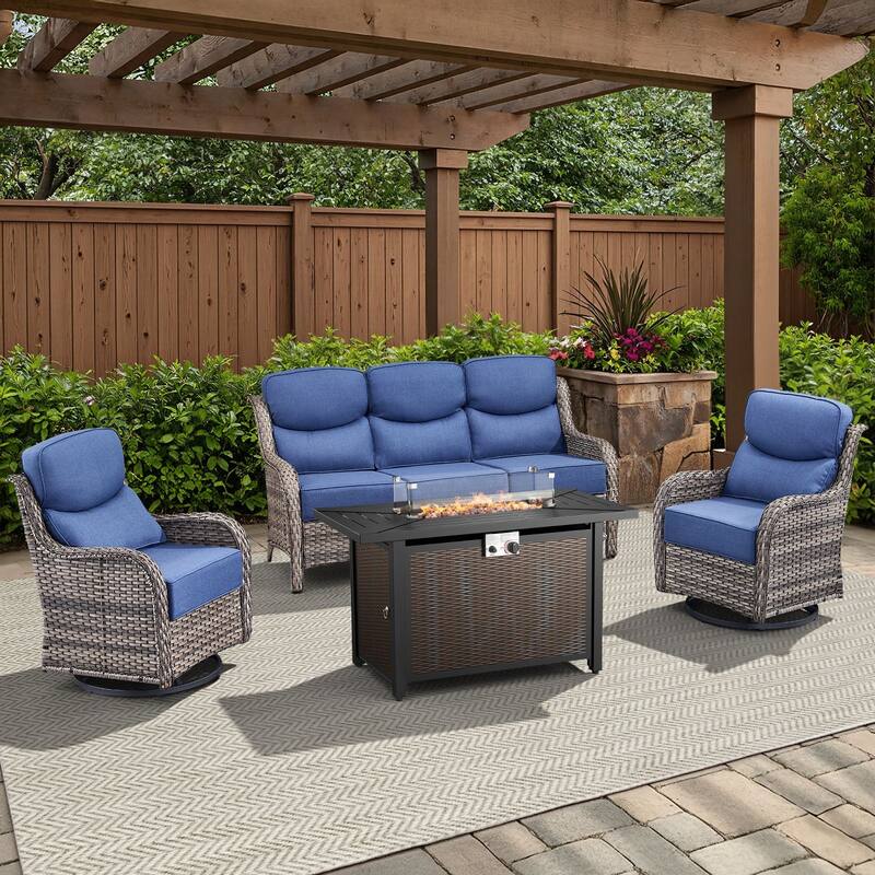 Arcadia 4-Piece PE Wicker Patio Seating Set with Durable All-Iron Fire Pit and 6-Inch Cushions - Navy Blue Cushions - Gray Wicker