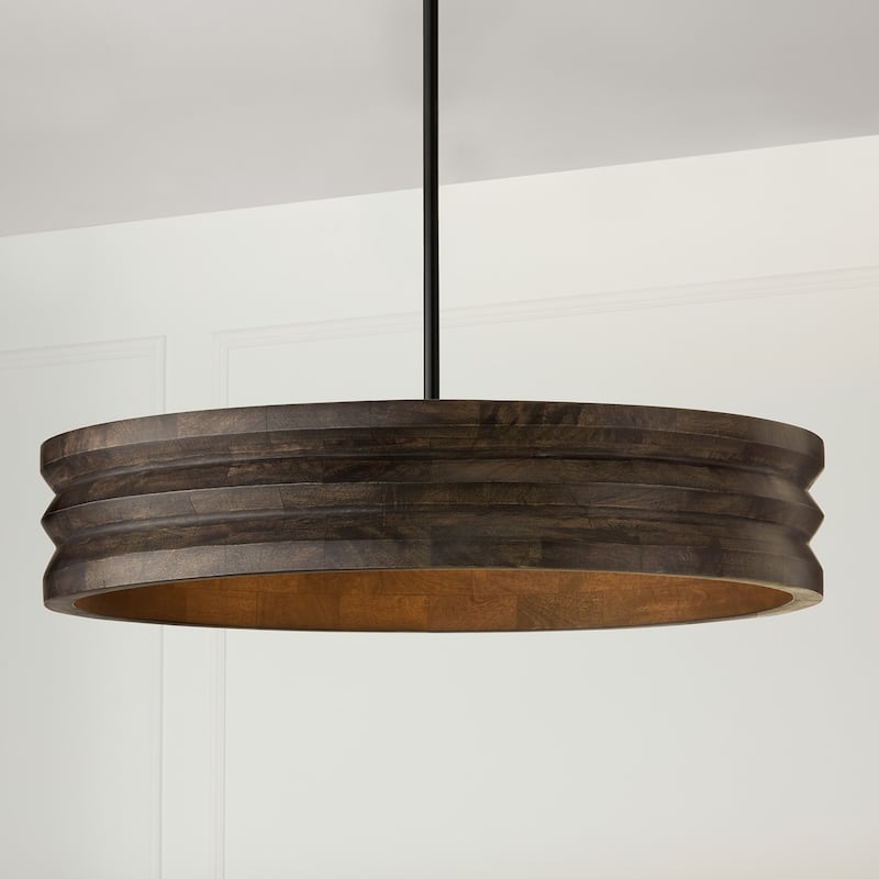 30" W x 18" H 4-Light Chandelier in Matte Black and Handcrafted Mango Wood in Espresso Stain - 30"W x 6"H