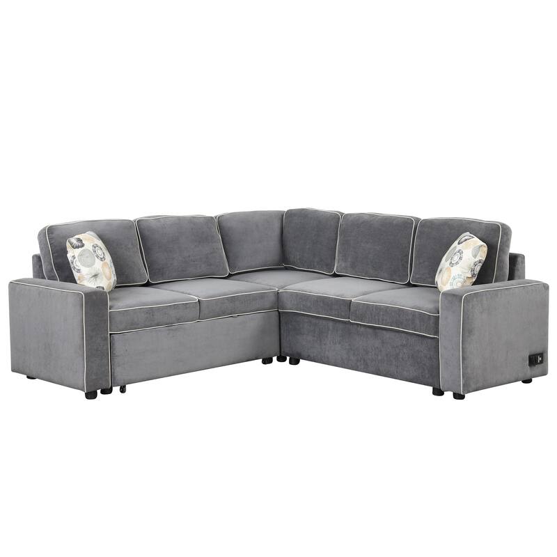 L-Shaped Pull Out Sofa Bed Modern Convertible Sleeper Sofa with 2 USB ports, 2 Power Sockets and 3 Pillows