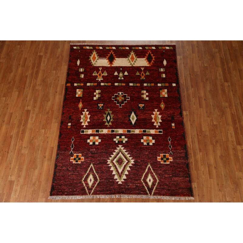 Hand Knotted Oriental 100% Wool Carpet Modern Tribal Red Moroccan Area Rug - 7' 9'' X 5' 8''
