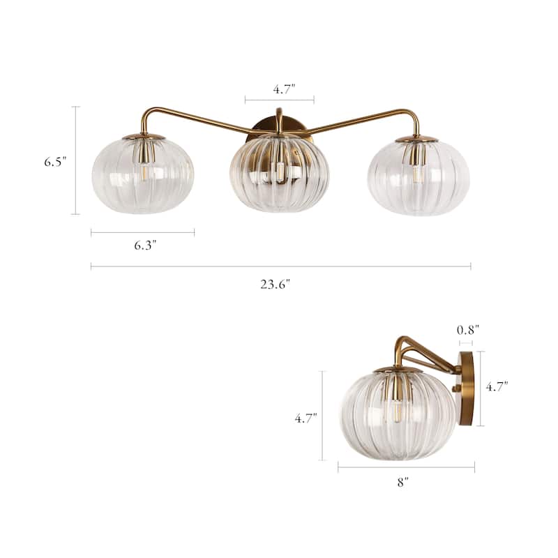 Modern Gold 3-Light Linear Bathroom Vanity Light Globe Glass Wall Sconces - L23.6" x H6.5"