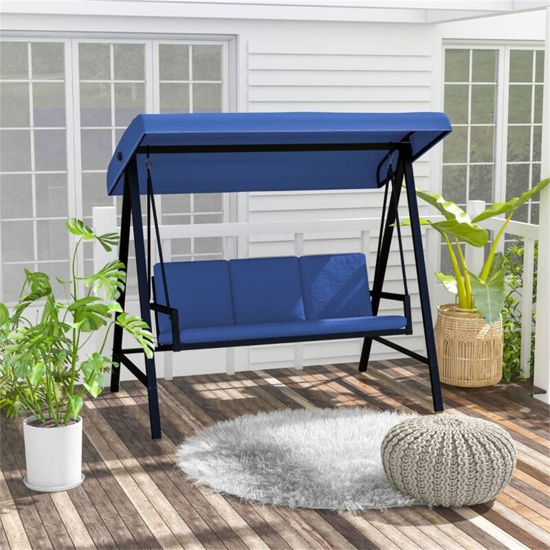3-Seater Outdoor Patio Swing Chair with Adjustable Canopy - 78.75" W x 49.25" D x 69" H - Blue