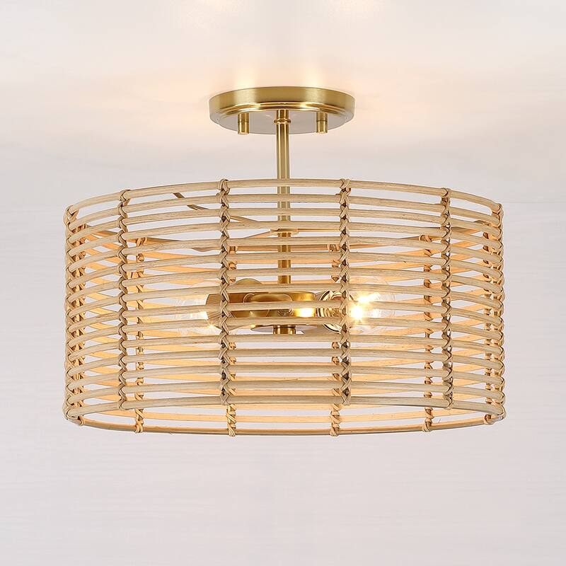 2-Light Bohemian Rattan Semi-Flush Mount Ceiling Light