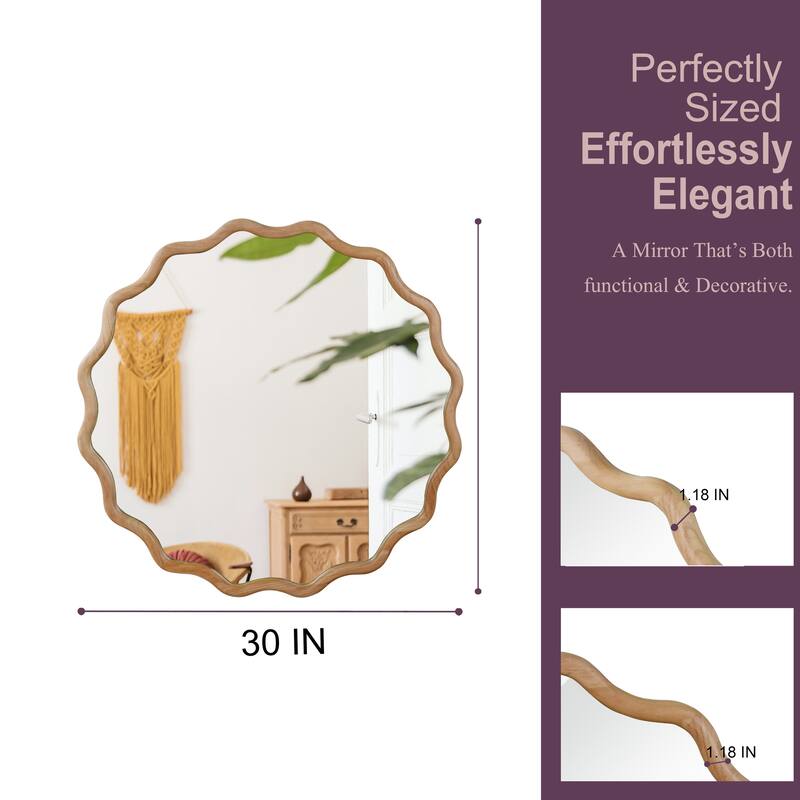 Wavy Round Solid Wood Frame Decorative Mirror Modern Farmhouse Wall Mirror For Bedroom Bathroom Living Room Entryway