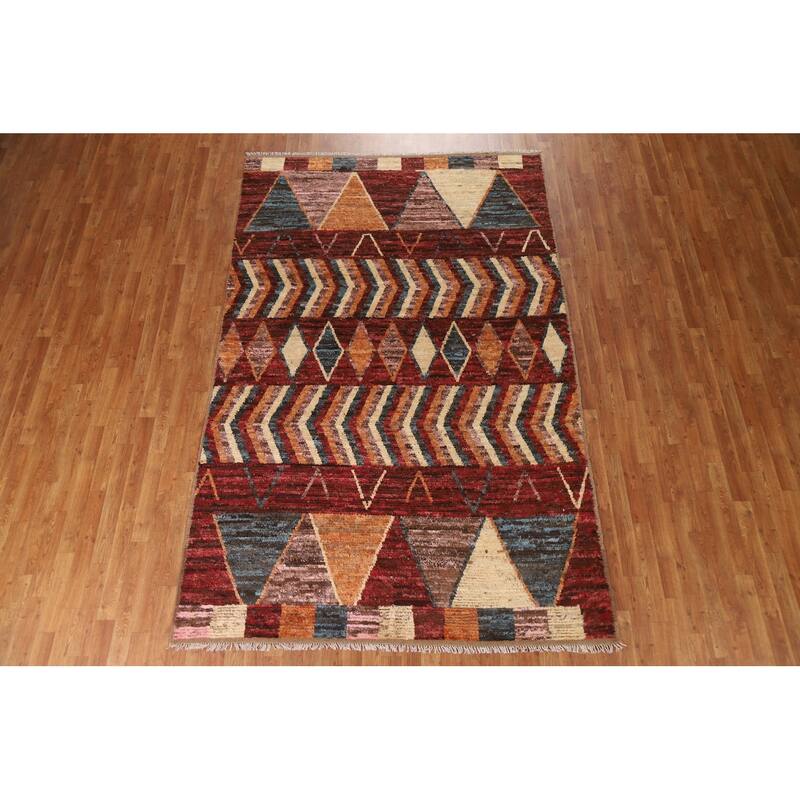 Hand Knotted Oriental 100% Wool Carpet Modern Tribal Red Moroccan Area Rug - 9' 11'' X 6' 4''