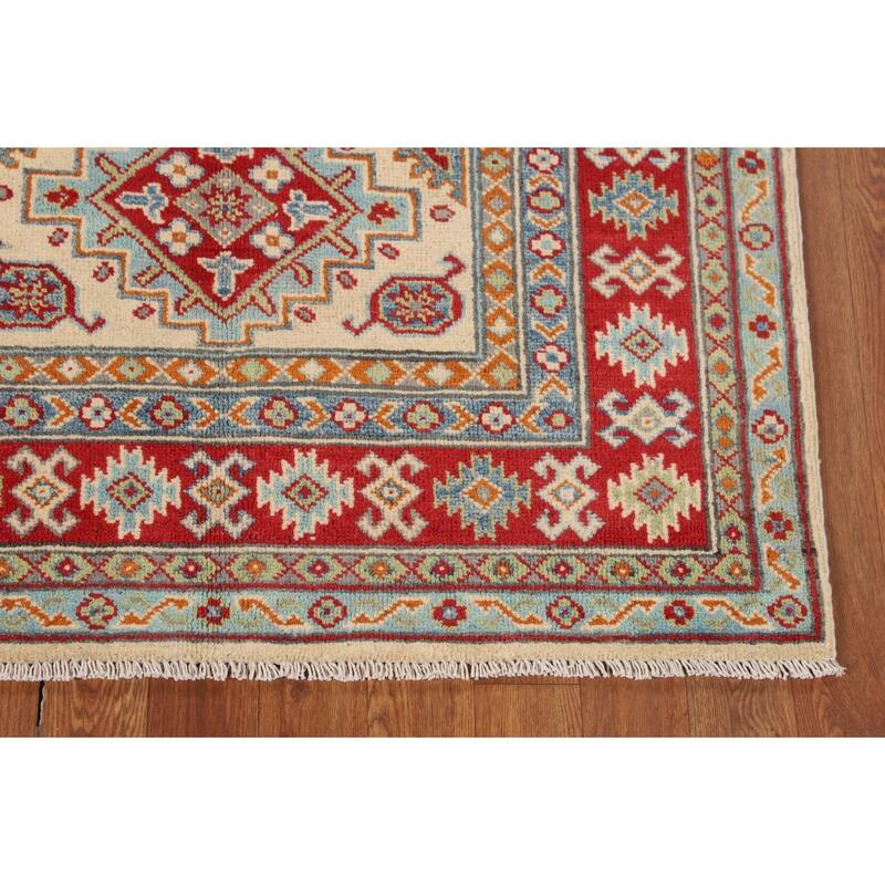 Geometric Beige Kazak Accent Rug Hand-Knotted Oriental Wool Carpet - 3'4" x 4'9"