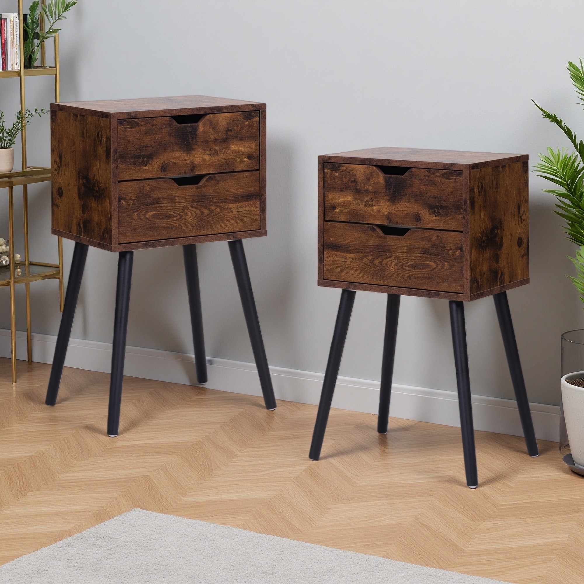 15.8"L MDF Nightstand with 2 Drawers & Solid Wood Legs, Modern Bedside Table with Storage for Bedroom & Living Room