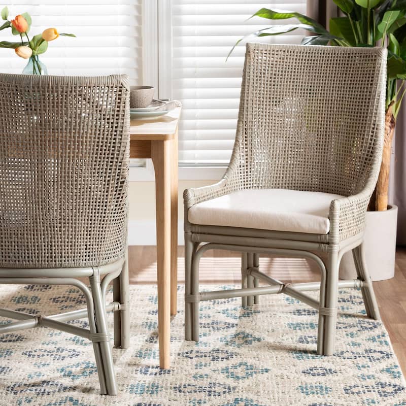 Bella Rattan Dining Chair - Handwoven Wicker Accent Side Chair with High Backrest, Coastal Boho Seating for Kitchen or Dining - French Grey/White