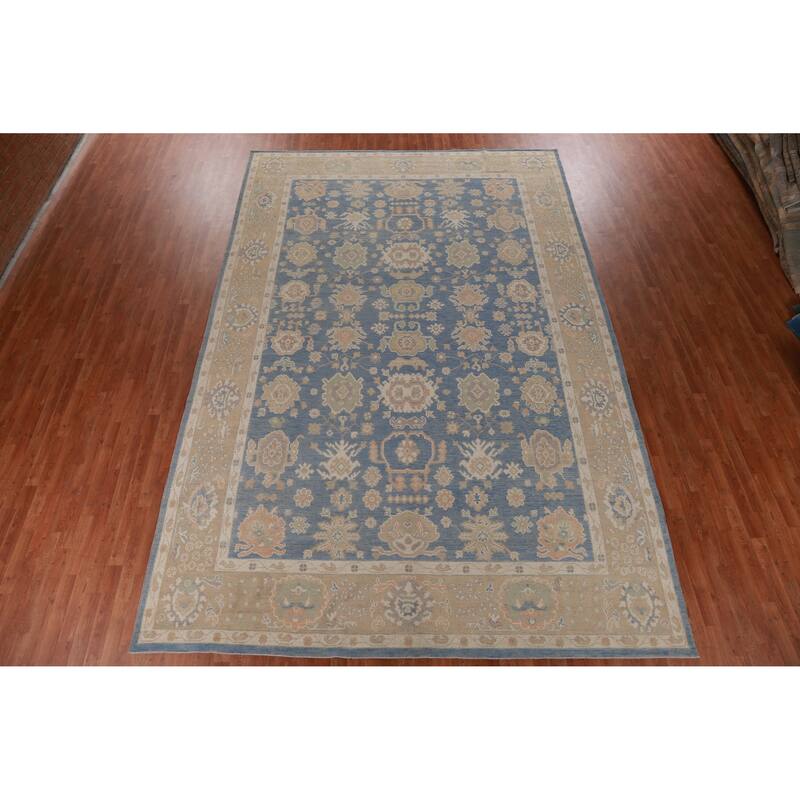 Hand Knotted Oriental 100% Wool Carpet Transitional All-Over Navy Blue & Blues Oushak Area Rug - 14' 8'' X 9' 8''