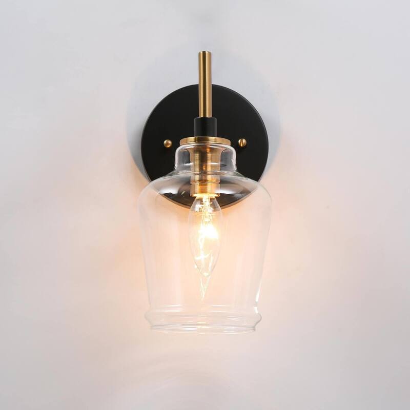 Mid-Century Modern 1-Light Wine Glass Wall Sconce Black Gold Bathroom Vanity Light - 4.5"L x 6.5"W x 10"H