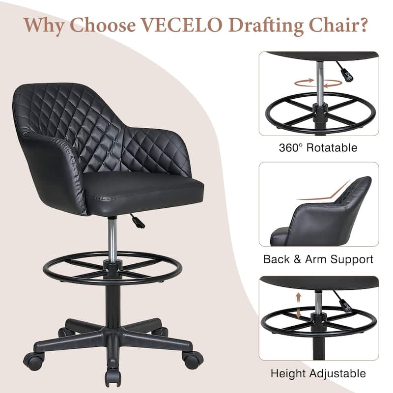 VECELO Contemporary PU Leather Drafting Chairs(Set of 2) Task Chair with Metal Frame and Back Home Ofiice Chairs
