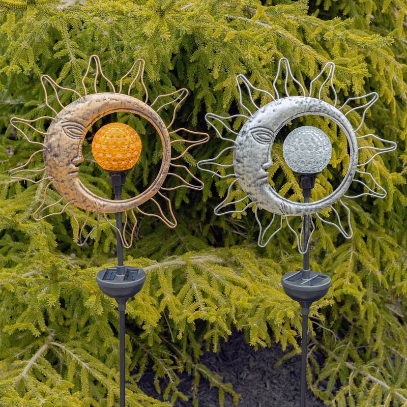 Dual Sun and Moon Solar Spinning LED Garden Stakes - Iron - Silver and Gold - Medium