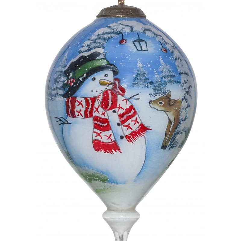 Adorable Snowman and Deer Hand Painted Mouth Blown Glass Ornament - 4.75" x 2.5" x 2.5"