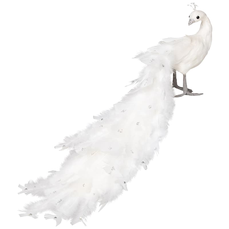 Jeweled and Glittered Peacock Christmas Decoration with Faux Pearls - 24" - White