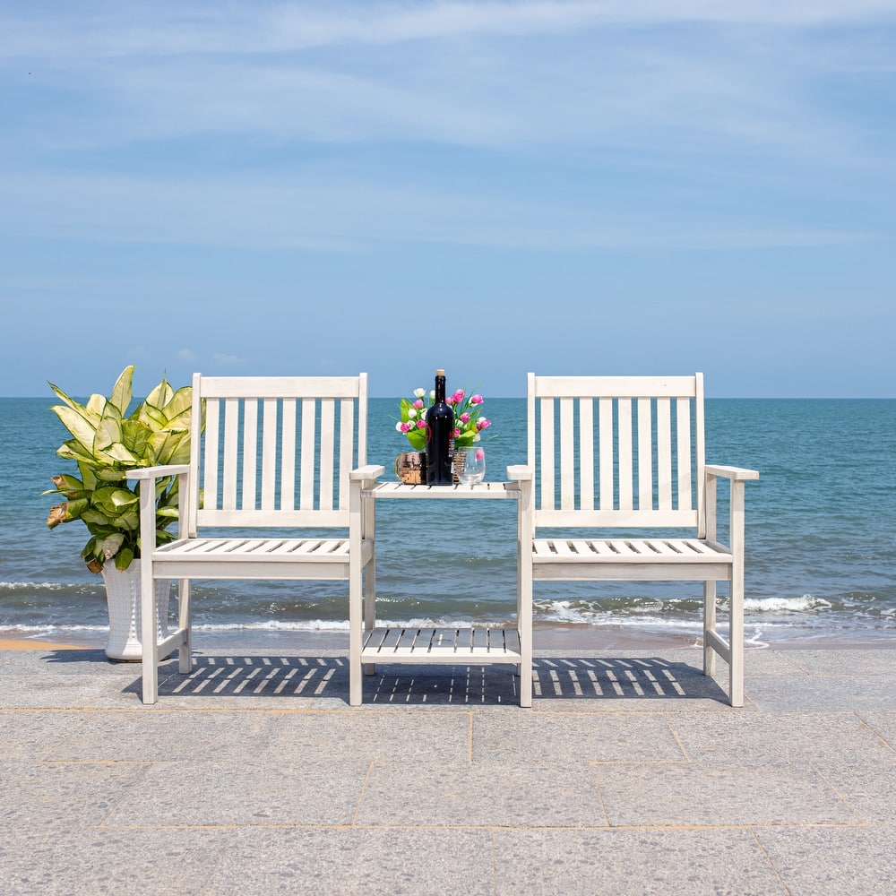 SAFAVIEH Outdoor Kya Solid Wood Twin Seat Bench - 24Wx65Dx35H