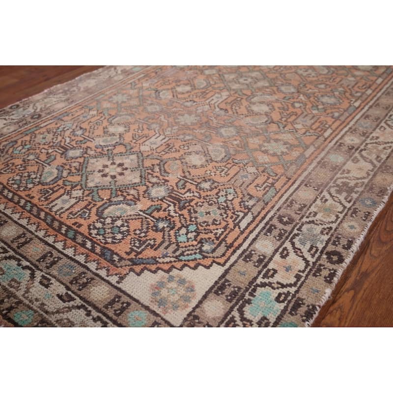Distressed Hamedan Vintage Persian Runner Rug Hand-Knotted Wool Carpet - 3'5" x 9'4"