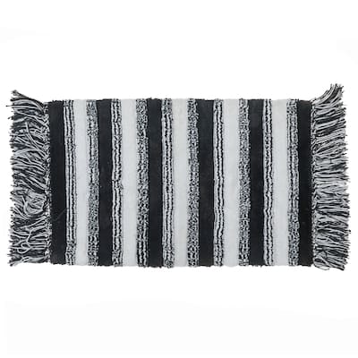 Microfibre Striped Bath Mat With Fringe Black 20X32