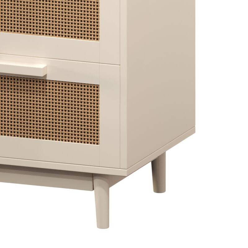 Rattan Nightstand, Wood End Table, Side Table with 2 Faux Rattan-Decorated Drawers for Living Room, Bedroom