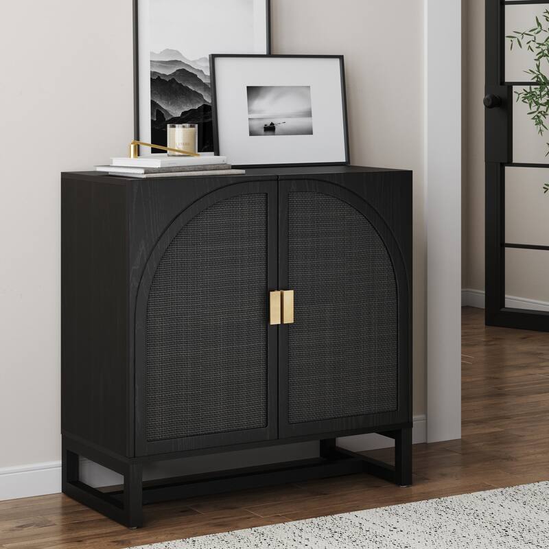 Paxton Boho Wood Storage Cabinet with Doors, Small Storage Cabinet or TV Stand with Rattan Door Details - Black Rattan Single