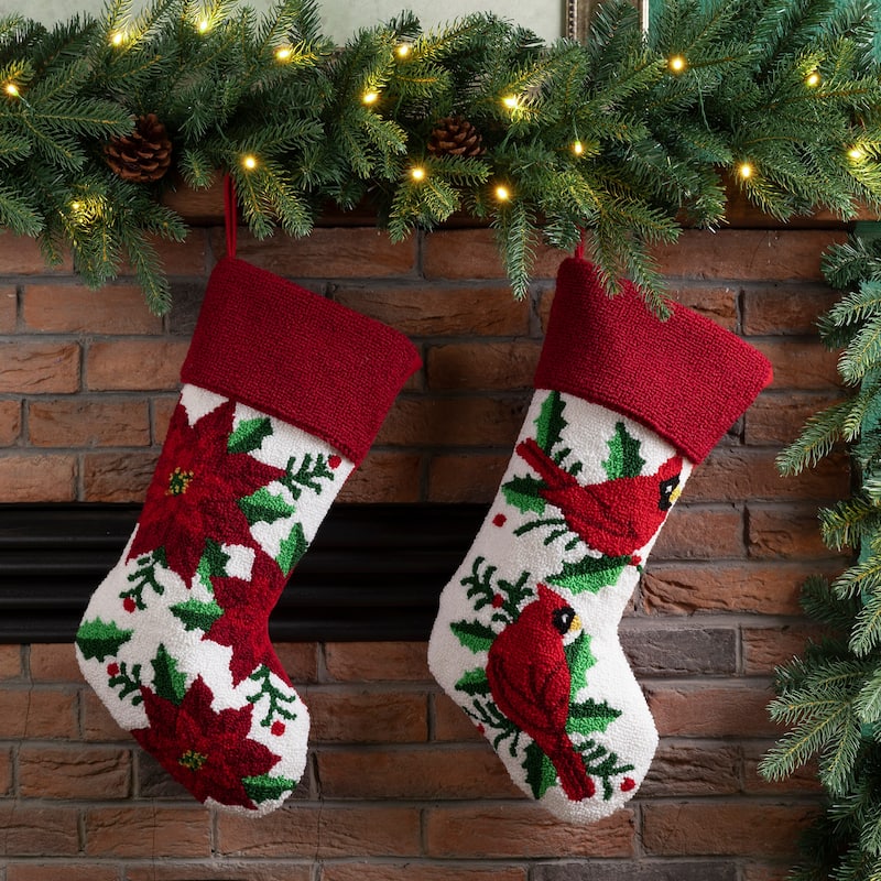 Glitzhome 21"L Poinsettia Cardinal Hooked Stocking