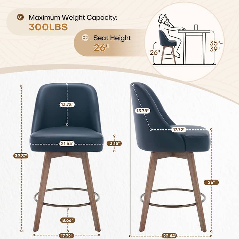 26" Upholstered Counter Height Swivel Bar Stool, Counter Stools with Solid Wood Legs - 39.37"H x 22.44"D x 21.65"W