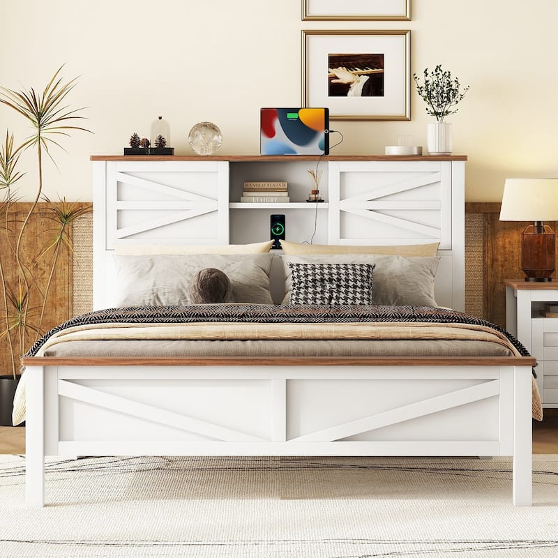 Farmhouse Platform Bed with Sliding Barn Door and Charging Station