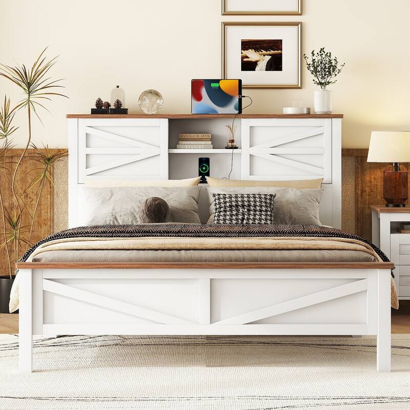 Rustic Wood Bed with Charging Station