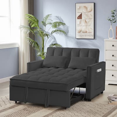 Velvet Loveseat Convertible Pull-out Sleeper Sofa Bed, Tufted Futon Sofa with Adjustable Backrest and 2 Pillows, Pockets