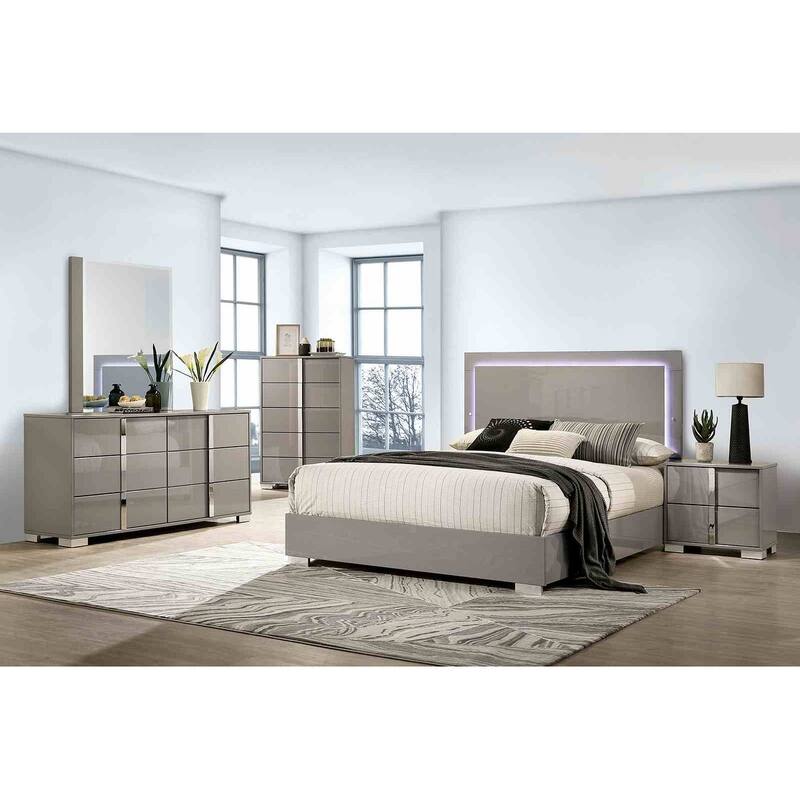 Modern Contemporary Light Taupe Bedroom Set With UV Finish and LED on Headboard