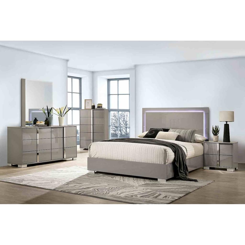 Modern Contemporary Light Taupe Bedroom Set With UV Finish and LED on Headboard