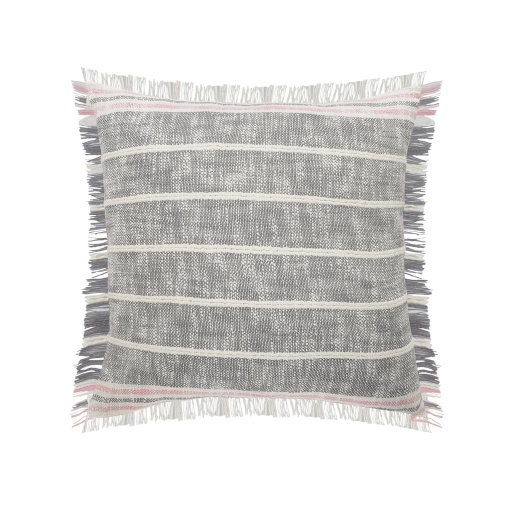 20" Gray and White Striped Square Throw Pillow with Fringes