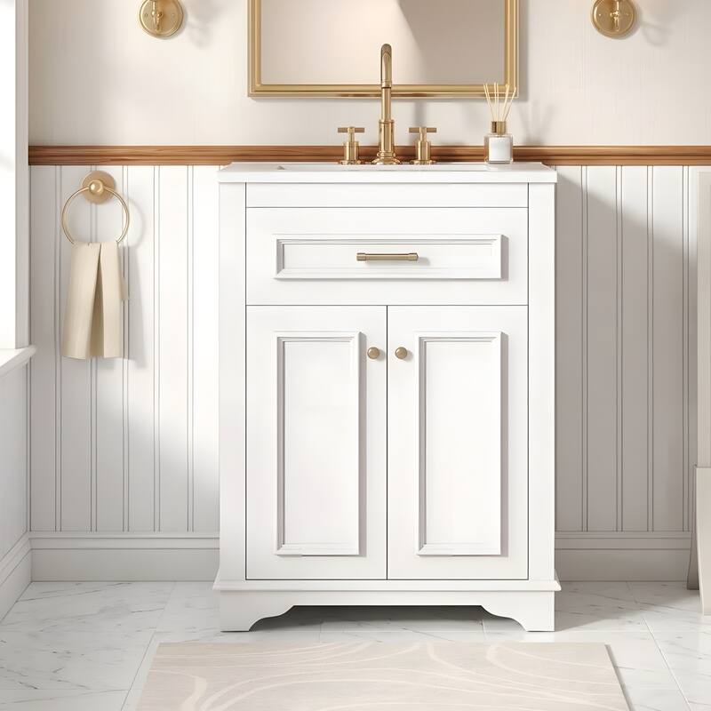 24" Bathroom Vanity with Integrated Ceramic Sink, Bathroom Cabinet with 2 Doors - White