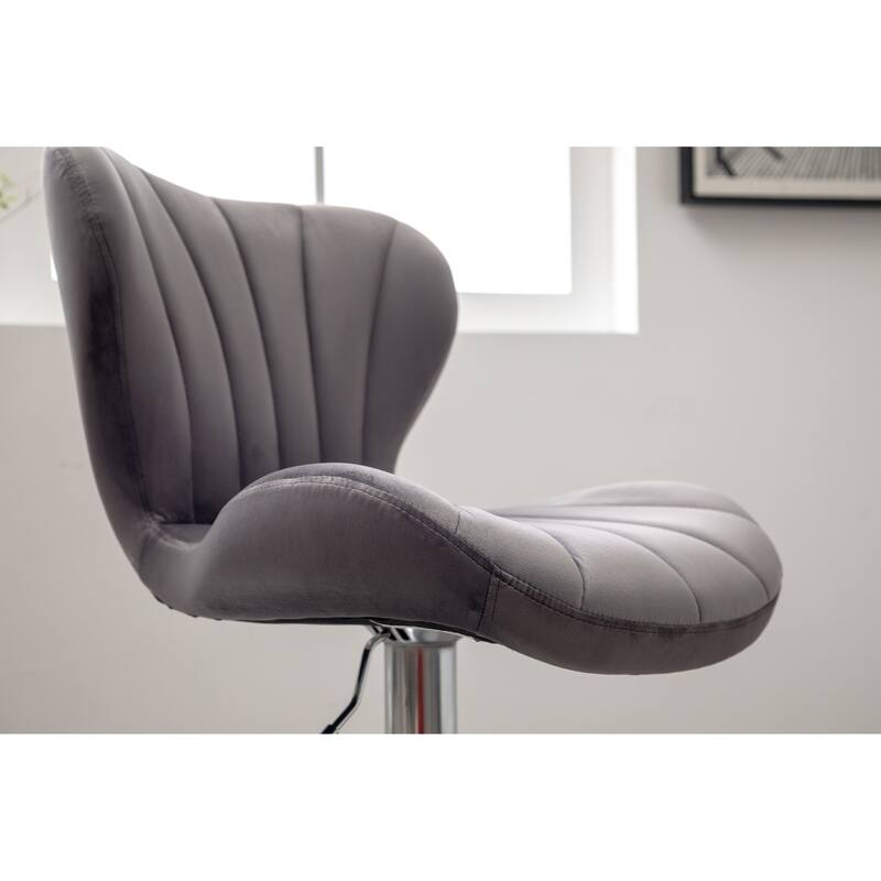 Set of 2 Adjustable Swivel Barstools with Upholstered Bucket Seats and Chrome Footrest.