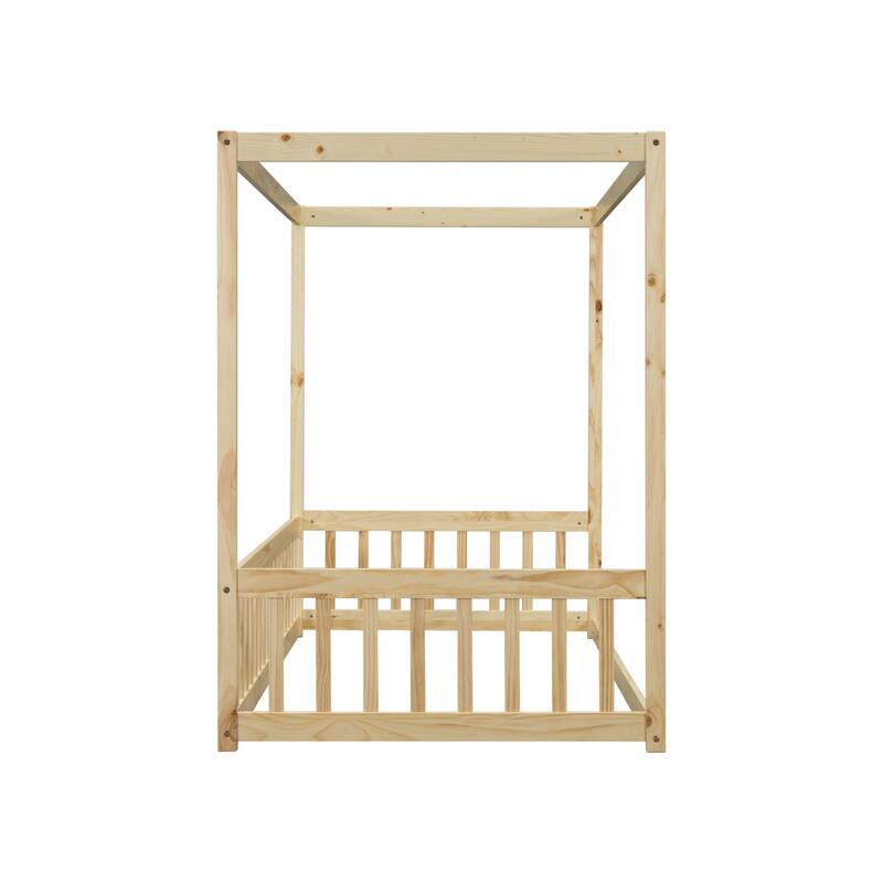 Pine Wood Canopy Frame Floor Bed with Fence and Guardrails for Bedroom