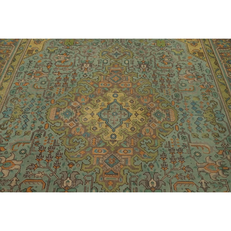 Hand Knotted Oriental 100% Wool Carpet Traditional Floral Navy Blue & Blues Tabriz Area Rug - 9' 6'' X 6' 6''