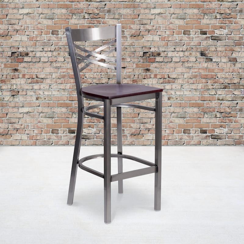 2 Pack Clear Coated ''X'' Back Metal Restaurant Barstool - 17"W x 18"D x 42.25"H - Mahogany Wood Seat/ Clear Coated Frame