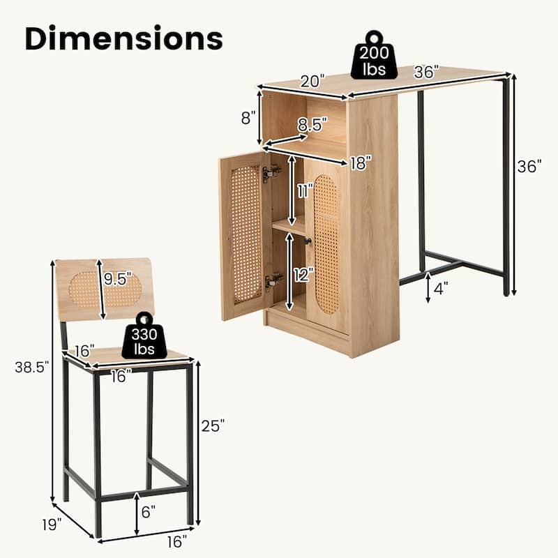 Gymax 3 PCS Bar Table and Chairs Set w/ 2 Bar Stools & Storage Shelves