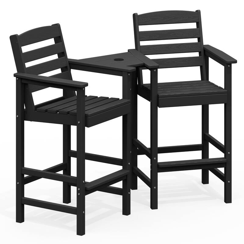 HDPE 2-Piece High Bar Stool Set with Umbrella-Compatible Connecting Panel - Black