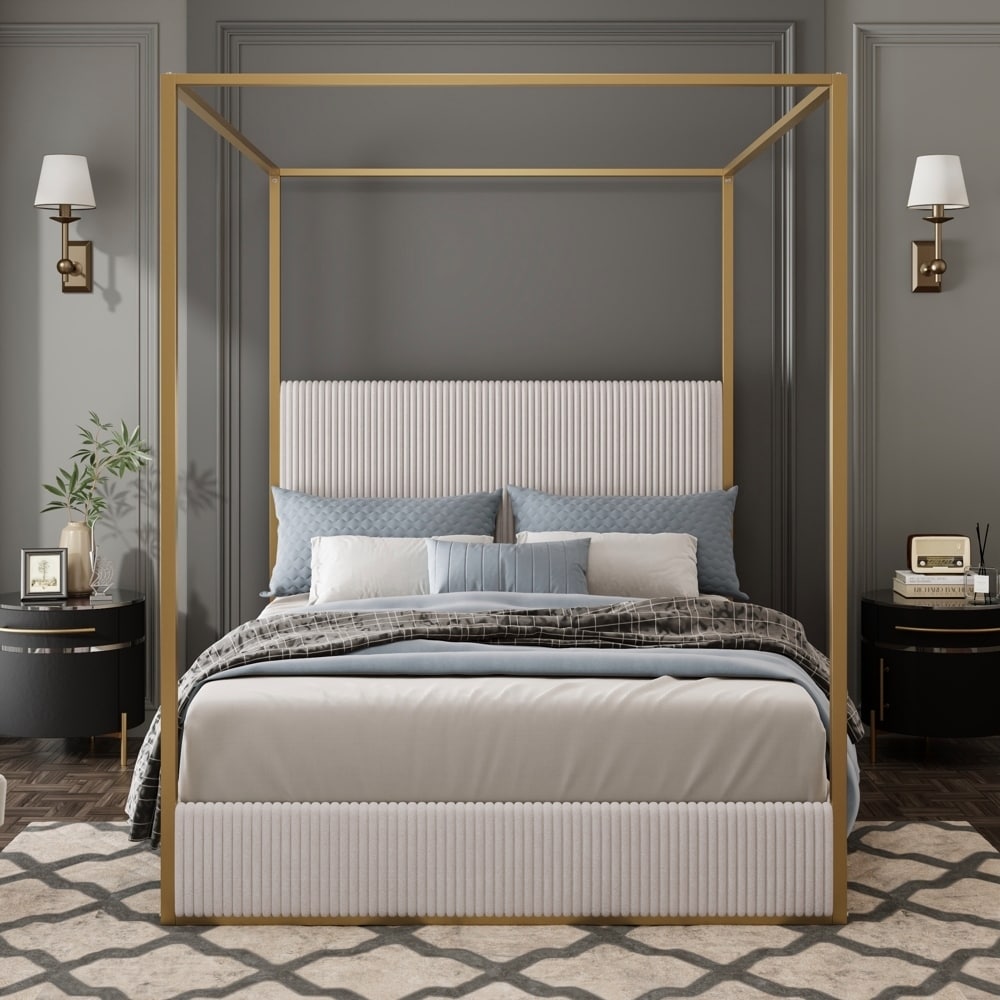 Metal Canopy Bed with Tall Corduroy Upholstered Headboard and Four Poster